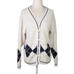 Vintage 90s cream and navy blue argyle knit cardigan sweater L